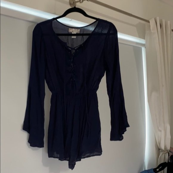 Navy Blue Tie Up Bell Sleeve Romper Size Medium - Picture 6 of 6
